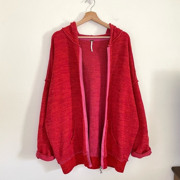 Free People In Bloom Oversized Textured Sweater Knit Zip Up Hoodie Red Hot Large - Picture 6 of 16